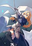  blonde_hair blue_eyes braid cowter fate/apocrypha fate_(series) gauntlets headpiece highres jeanne_d'arc_(fate) jeanne_d'arc_(fate)_(all) long_hair plackart single_braid solo standard_bearer sword thighhighs very_long_hair weapon yingji_(zszero) 