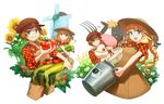  1girl :d ;) animal animal_on_shoulder bird blonde_hair blue_eyes braid brown_dress brown_hat chick chicken corn cow dress farm flower green grin harvest_moon hat heart holding holding_animal long_hair looking_at_another md5_mismatch nanami_(story_of_seasons:_trio_of_towns) nature nekobayashi_(nekoforest) one_eye_closed open_mouth overalls pitchfork plaid plaid_shirt shirt short_hair smile story_of_seasons:_trio_of_towns straw_hat sun_hat sunflower tomato twin_braids windmill 