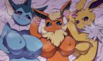  bed blush breast_grab breast_squeeze breasts busty_feral chiji eeveelution female feral flareon group hand_on_breast high-angle_view jolteon nintendo pok&eacute;mon pok&eacute;mon_(species) tongue tongue_out vaporeon video_games 