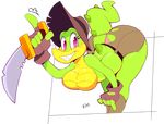  anthro bent_over breasts butt clothed clothing croc_(vimhomeless) crocodile crocodilian featureless_breasts female freckles gloves hat knife looking_at_viewer non-mammal_breasts panties red_eyes reptile scalie sharp_teeth smile solo teeth topless torn_clothing underwear vimhomeless 