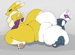  2017 alopex anthro areola big_butt black_sclera blue_eyes breasts butt canine claws clothing digimon digital_media_(artwork) duo female fox fur grey_background huge_butt hyper hyper_butt mammal mostly_nude neck_tuft nude pawpads presenting renamon simple_background sitting strikeanywhere teenage_mutant_ninja_turtles thick_thighs tuft white_fur yellow_eyes yellow_fur 