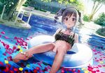  afloat barefoot bikini black_legwear day drill_hair feet honjou_masato idolmaster idolmaster_cinderella_girls innertube kanzaki_ranko long_hair open_mouth outdoors petals pool red_eyes silver_hair soles solo swimsuit twin_drills twintails 