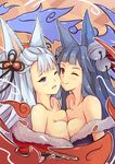  ;) animal_ears bell blue_eyes blue_hair blush breast_press breasts cheek-to-cheek closed_mouth collarbone dunceneygak erune fang_out from_side granblue_fantasy hair_bell hair_ornament jingle_bell large_breasts long_hair multiple_girls one_eye_closed open_mouth outline red_eyes sketch smile socie_(granblue_fantasy) symmetrical_docking upper_body yuel_(granblue_fantasy) 