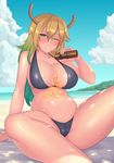  beach bikini black_bikini blonde_hair blush breasts cameltoe cloud day dragon_girl dragon_horns gradient_hair green_eyes green_hair hair_between_eyes highres horns kobayashi-san_chi_no_maidragon large_breasts long_hair lotion multicolored_hair navel one_eye_closed outdoors quetzalcoatl_(maidragon) solo sunscreen swimsuit tan toniwing water 