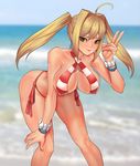  ahoge ass beach bikini bracelet breasts covered_nipples criss-cross_halter day fate/grand_order fate_(series) green_eyes hair_intakes halterneck hanging_breasts jewelry large_breasts leaning_forward long_hair nero_claudius_(fate)_(all) nero_claudius_(swimsuit_caster)_(fate) niur side-tie_bikini smile solo swimsuit twintails 