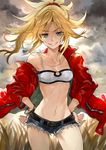  belt blonde_hair bra_strap bracelet braid denim fate/apocrypha fate_(series) green_eyes highres jacket jewelry midriff mordred_(fate) mordred_(fate)_(all) navel necklace red_jacket short_shorts shorts solo yuu_(higashi_no_penguin) 