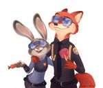  2016 anthro buckteeth candy canine carrot clothing digital_media_(artwork) disney duo eyewear female food fox fur grey_fur hand_behind_back hug inner_ear_fluff judy_hopps lagomorph male mammal nick_wilde pawpsicle pen police_uniform popsicle rabbit smile sunglasses susanne_draws_(artist) teeth uniform vegetable zootopia 