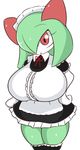  2017 big_breasts breasts clothing female huge_breasts humanoid kirlia maid_uniform nintendo not_furry open_mouth pok&eacute;mon red_eyes simple_background solo sugaru uniform video_games white_background 