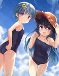  :d adjusting_clothes adjusting_swimsuit arm_up ass bangs black_hair blue_hair blue_sky cloud cloudy_sky collarbone commentary competition_school_swimsuit crossed_bangs day eyebrows_visible_through_hair fang flat_chest flower gradient_hair hair_flower hair_ornament hairclip hand_up hat highres leaning_forward long_hair looking_at_viewer looking_back migumi_(niiya) minami_(niiya) multicolored_hair multiple_girls niiya one-piece_swimsuit open_mouth original outdoors purple_eyes school_swimsuit short_hair sky smile standing strap_slip sun_hat sunflower swimsuit thigh_gap thighs 