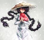  ajirogasa bangs black_hair braid buttons capelet closed_mouth commentary dress grey_dress hair_between_eyes half-closed_eyes hands_together hat head_tilt highres joker_(stjoker) long_hair long_sleeves messy_hair red_capelet red_eyes smile snow snowing solo touhou twin_braids very_long_hair yatadera_narumi 