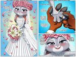  2017 abstract_background anthro blue_background blush borba bouquet bride clothed clothing comic dipstick_ears disney dress female first_person_view floral_crown flower fur grey_fur judy_hopps lace lagomorph lily_(flower) mammal offscreen_narrator pink_background pink_nose pink_roses plant purple_eyes rabbit rose screentone simple_background smile solo wedding_dress zootopia 