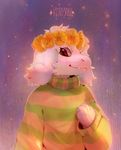  anthro asriel_dreemurr boss_monster brown_eyes caprine clothed clothing detailed_background digital_media_(artwork) flower fluffy fur goat headband hi_res koto3abp long_ears looking_at_viewer mammal plant shirt signature smile smirk solo undertale video_games warm_colors 