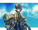  belt black_eyes black_gloves black_hair brough_superior closed_mouth cookie_(touhou) cosplay expressionless gloves goggles goggles_on_headwear green_hat ground_vehicle hat hermes highres kino kino_(cosplay) kino_no_tabi kofji_(cookie) long_sleeves looking_at_viewer marakasutintin motor_vehicle motorcycle parody solo 