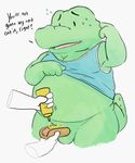  balls bottomless clothed clothing confusion crocodile crocodilian erection food male mustard overweight penis reptile rohly scalie shirt_up 