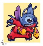  2004 4_arms 4_fingers 4_toes alien antennae back_spines belt black_eyes blue_claws blue_fur blue_nose border claws clenched_teeth clothed clothing colored_pencil_(artwork) disney experiment_(species) fur head_tuft holding_object holding_weapon lilo_and_stitch marker_(artwork) mixed_media multi_arm multi_limb no_sclera nose_wrinkle notched_ear plasma_rifle ribera signature simple_background small_tail solo spacesuit stitch teeth toe_claws toes traditional_media_(artwork) tuft weapon white_border yellow_background 