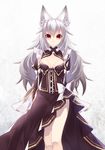  animal_ears breasts cleavage cleavage_cutout fox_ears highres kawasaki_toiro long_hair looking_at_viewer original red_eyes silver_hair simple_background small_breasts solo standing 