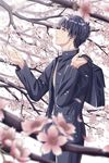  bag black_hair blurry cherry_blossoms depth_of_field gakuran highres honoo_no_mirage jrkain male_focus ougi_takaya parted_lips petals profile school_bag school_uniform solo 