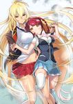  2girls blonde_hair breasts cleavage collared_shirt couple feathers gold_eyes hand_holding head_on_another&#039;s_breasts interlocked_fingers large_breasts long_hair looking_at_another medium_breasts midriff multiple_girls navel pigtails pink_hair shikishima_mirei simple_background skirt thighhighs thighs tokonome_mamori valkyrie_drive valkyrie_drive_-mermaid- very_long_hair yuri 