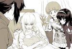  baby bed black_hair blanket cellphone girls_und_panzer hairband hospital hospital_bed itsumi_erika ladic long_hair monochrome mother_and_child multiple_girls nishizumi_maho nishizumi_miho phone plant reizei_mako sepia short_hair siblings sisters sketch skirt smartphone smile takebe_saori tears vase 