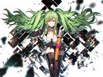  bangs black_gloves black_legwear blurry breasts calico_m950 collarbone commentary depth_of_field detached_collar elbow_gloves eyebrows_visible_through_hair floating_hair girls_frontline gloves green_eyes green_hair gun hanakeda_(hanada_shiwo) hand_up handgun holding holding_gun holding_weapon leaning_forward long_hair looking_at_viewer m950a_(girls_frontline) medium_breasts orange_gloves parted_lips pistol short_sleeves solo thighhighs thighs tsurime twintails weapon 