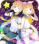  1girl ;) ;d bass_clef beamed_eighth_notes beamed_sixteenth_notes black_legwear black_shorts blonde_hair blue_eyes bow bowtie brother_and_sister character_name dated detached_sleeves eighth_note hair_ornament hair_ribbon hairclip half_note hand_in_hair headphones holding_hands kagamine_len kagamine_rin midriff modoromi musical_note nail_polish navel necktie one_eye_closed open_mouth quarter_note ribbon shirt short_hair short_shorts short_sleeves shorts siblings sleeveless sleeveless_shirt smile staff_(music) star stomach treble_clef vocaloid white_ribbon white_shirt white_shorts yellow_bow yellow_nails yellow_neckwear 