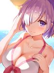  arm_up bangs beach blush bow bow_swimsuit breasts closed_mouth collarbone commentary day fate/grand_order fate_(series) hair_over_one_eye hand_in_hair hands_up hat highres horizon large_breasts light_smile looking_at_viewer maeshimashi mash_kyrielight ocean outdoors pink_bow purple_eyes purple_hair short_hair smile solo straw_hat sun_hat swimsuit swimsuit_of_perpetual_summer white_swimsuit 