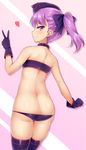  ass back bandeau bangs bare_back bare_shoulders black_legwear blush bow choker closed_mouth commentary_request cowboy_shot dimples_of_venus eyebrows_visible_through_hair fate/grand_order fate_(series) from_behind gloves gradient gradient_background hair_bow hat heart helena_blavatsky_(fate/grand_order) helena_blavatsky_(swimsuit_archer)_(fate) highres kuragari looking_back lowleg lowleg_panties panties profile purple_choker purple_eyes purple_gloves purple_hair purple_hat purple_legwear purple_panties short_hair side_ponytail smile solo standing strapless thighhighs tsurime underwear v 