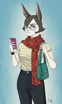  2017 anthro blue_eyes breasts cellphone clothed clothing eyewear female frown fully_clothed fur glasses hi_res lagomorph looking_at_viewer malaysianpeanut mammal multicolored_fur phone purse rabbit rimba_racer scarf solo torres_(rimba_racer) watch 