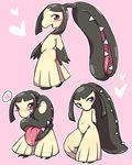  1girl ass black_hair blush from_side full_body hands_up heart highres looking_at_viewer looking_away looking_to_the_side mawile multiple_views navel negoya no_humans open_mouth pink_background pink_eyes pokemon pokemon_(creature) pokemon_rse saliva sharp_teeth simple_background smile solo spoken_heart standing teeth tongue tongue_out 
