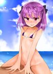  absurdres bare_shoulders beach blush bottomless breasts censored cloud collarbone day eyebrows_visible_through_hair fate/grand_order fate_(series) girl_on_top hair_between_eyes helena_blavatsky_(fate/grand_order) highres looking_at_viewer micro_bikini_top mosaic_censoring muoto navel open_mouth outdoors penis purple_eyes purple_hair short_hair sky small_breasts solo_focus water 