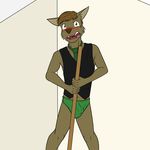 2017 anthro blush broom brown_hair bulge canine clothing dog embarrassed fangs fuze green_eyes hair hi_res inside male mammal markings open_mouth solo suit underwear 