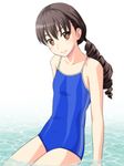  blue_swimsuit brown_eyes brown_hair commentary_request competition_school_swimsuit drill_hair flat_chest isuzu_kokomi long_hair looking_at_viewer low_twintails one-piece_swimsuit partially_submerged reco_love satochi smile solo swimsuit twin_drills twintails water 