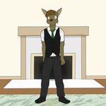  5_fingers anthro brown_fur brown_hair brown_nose canine clothed clothing dog fangs fireplace floor footwear full_portrait fully_clothed fur fuze green_eyes hair hi_res inside looking_at_viewer male mammal markings necktie pants shirt shoes short_hair standing suit waistcoat 