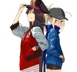  adjusting_clothes adjusting_hat artoria_pendragon_(all) baseball_cap black_hair blonde_hair blue_eyes buster_shirt fate/grand_order fate_(series) grin hand_in_pocket hat headphones headphones_around_neck jacket long_hair looking_at_viewer multiple_girls mysterious_heroine_x oda_nobunaga_(fate) oda_nobunaga_(swimsuit_berserker)_(fate) pako peaked_cap ponytail red_eyes scarf short_shorts shorts skirt smile track_jacket white_background 