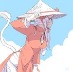  cat_tail cleavage_cutout cloud day facial_mark final_fantasy final_fantasy_xiv flat_color hand_on_headwear hat leaning_forward lili_mdoki long_hair midriff_peek miqo'te profile rice_hat side_ponytail side_slit signature sketch sky solo straw_hat tail vietnamese_dress white_hair 