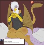  anthro anthrofied ask_blog avante92 avian beak bed bottomless clothed clothing colored cup english_text feathered_wings feathers female friendship_is_magic gilda_(mlp) gryphon hi_res holding_cup holding_object inside my_little_pony on_bed patreon pillow solo text thick_thighs tumblr voluptuous wide_hips wings 