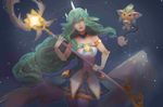  absurdres alternate_costume alternate_hair_color alternate_hairstyle arsha blue_skirt gloves green_eyes green_hair highres league_of_legends long_hair looking_at_viewer skirt solo soraka standing star_guardian_soraka thighhighs very_long_hair wand white_gloves 