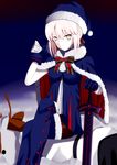  all_fours animal_costume artoria_pendragon_(all) bag black_legwear blue_footwear blue_gloves blue_hat blue_santa_costume boots capelet dark_excalibur eyebrows_visible_through_hair fate/grand_order fate_(series) gloves hair_between_eyes hair_ribbon hat holding holding_bag looking_at_viewer pantyhose red_ribbon reindeer_costume ribbon saber_alter sack santa_alter santa_boots santa_costume santa_hat sidelocks silver_hair sitting sitting_on_person sleeveless thigh_boots thighhighs west_(west_0916) yellow_eyes 