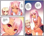  2girls blonde_hair chloe_von_einzbern dark_skin fate/kaleid_liner_prisma_illya fate_(series) illyasviel_von_einzbern multiple_girls pink_hair red_eyes sazaki_ichiri school_uniform translated 