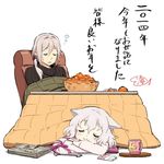  1girl :3 animal_ears bangs basket black_sweater blanket blush cat_ears chair closed_eyes closed_mouth commentary_request cup curly_hair food fruit hair_between_eyes kotatsu lavender_hair long_sleeves medium_hair newspaper orange parted_lips ponytail ribbed_sweater short_hair signature simple_background sleeping smile sweater table translation_request turtleneck turtleneck_sweater umishima_senbon under_kotatsu under_table white_background 