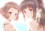  bare_shoulders black_hair bluez brown_hair chitanda_eru from_behind hyouka ibara_mayaka long_hair looking_at_viewer looking_back multiple_girls ponytail purple_eyes red_eyes short_hair simple_background upper_body white_background 