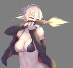  alternate_breast_size artoria_pendragon_(all) artoria_pendragon_(swimsuit_rider_alter) bangs bikini black_bikini blonde_hair braid breasts cleavage eyebrows_visible_through_hair fate_(series) finger_on_trigger firing gangsta_hold glowing glowing_eyes grey_background gun hair_between_eyes handgun holding holding_gun holding_weapon hood hoodie jewelry maid_bikini maid_headdress muzzle_flash navel navel_piercing nikuku_(kazedesune) open_clothes open_hoodie orange_eyes piercing pistol ring shell_casing sidelocks simple_background solo swimsuit tattoo upper_body weapon 