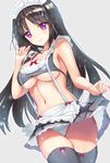  black_hair black_legwear blush breasts cleavage closed_mouth collarbone eyebrows_visible_through_hair highres large_breasts long_hair looking_at_viewer maid maid_headdress navel original panties purple_eyes smile solo thighhighs ukamaru underboob underwear white_panties 