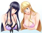  :d akimoto_katherine_reiko asato_ai bangs bikini bikini_top black_hair blonde_hair blue_eyes blunt_bangs blush breast_hold breasts cleavage eyebrows_visible_through_hair frilled_bikini_top frills head_tilt kochikame large_breasts long_hair looking_at_viewer multiple_girls open_mouth pink_bikini purple_bikini red_eyes sidelocks smile strap_gap swimsuit takano_(sora) tareme upper_body very_long_hair 