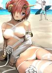  1girl :d absurdres akechi_shizuku arm_support arm_up bandaged_arm bandages bangs beach bikini blush bracelet breasts commentary_request day detached_sleeves facial_hair fate/apocrypha fate/grand_order fate_(series) flower frankenstein's_monster_(fate) frankenstein's_monster_(swimsuit_saber)_(fate) hair_bun hair_ornament hair_over_one_eye highres horn james_moriarty_(fate/grand_order) jewelry looking_at_viewer lying medium_breasts mustache ocean on_back open_mouth outdoors pink_hair purple_eyes short_hair shorts silver_hair smile solo_focus sunglasses surfboard swimsuit waving white_bikini white_flower 