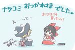  :&gt; :d apron ascot black_hair blonde_hair box chibi comiket commentary_request convention_greeting cyu_ta detached_sleeves hakurei_reimu hat hiding kirisame_marisa manga_(object) multiple_girls nendoroid open_mouth reading seiza short_sleeves sitting smile thank_you touhou translated vest waist_apron witch_hat yellow_neckwear 