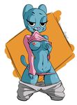 2017 5_fingers anthro areola bedroom_eyes blue_fur breasts cartoon_network cat clothed clothing clothing_lift clothing_pull digital_media_(artwork) doofis fangs feline female fur half-closed_eyes hi_res holding_breast looking_at_viewer mammal naughty_face nicole_watterson nipples panties pants panty_pull pink_nipples pink_nose pink_shirt seductive shirt shirt_lift shirt_up simple_background slim solo teeth the_amazing_world_of_gumball underwear 