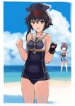  asymmetrical_hair ball beach beachball black_hair blue_swimsuit brown_eyes character_name cloud day framed_breasts gloves hair_between_eyes headphones highres i-13_(kantai_collection) i-14_(kantai_collection) kantai_collection looking_at_viewer mcan multiple_girls one-piece_swimsuit open_mouth outdoors partly_fingerless_gloves sailor_collar school_swimsuit short_hair single_glove sky solo_focus swimsuit 