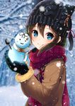  amagami_(makise_tsubaki) animal_hat bangs black_gloves blue_eyes blurry blurry_background braid brown_hair character_doll coat from_side fur_trim gloves hair_between_eyes hair_ribbon hat highres holding kantai_collection long_hair long_sleeves looking_at_viewer mittens outdoors plaid plaid_scarf remodel_(kantai_collection) ribbon scarf shigure_(kantai_collection) single_braid smile snow snowing snowman solo upper_body winter winter_clothes yuudachi_(kantai_collection) 