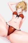  arm_support braid breasts cum cum_on_body cum_on_clothes cum_on_lower_body cum_on_stomach dutch_angle embarrassed fate/apocrypha fate/grand_order fate_(series) green_eyes hanada_yanochi heart heart-shaped_pupils medium_breasts mordred_(fate)_(all) mordred_(swimsuit_rider)_(fate) navel pussy_juice symbol-shaped_pupils wavy_mouth 